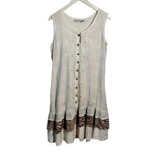 Raya Sun Dress Women S Cream Animal Print Button Down Tiered Embroidery Boho